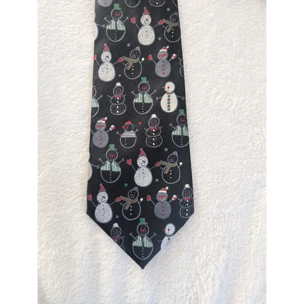 Vtg American Greetings Necktie Black Snowman Holiday Silk Mens OS